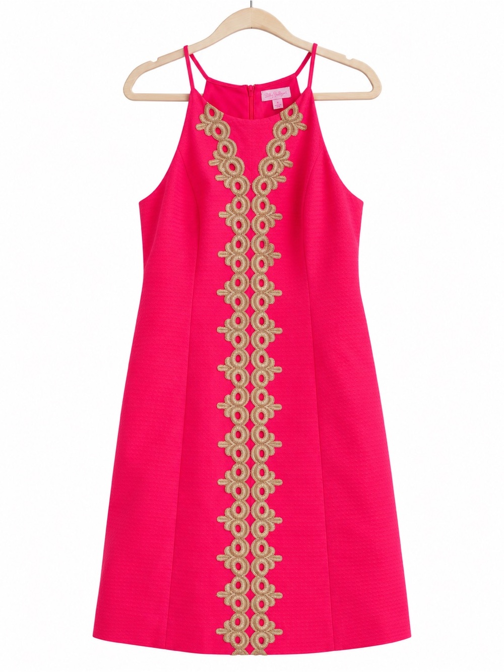 Lilly Pulitzer Hot Pink Halter Dress with Gold Floral Trim Women's Size 6